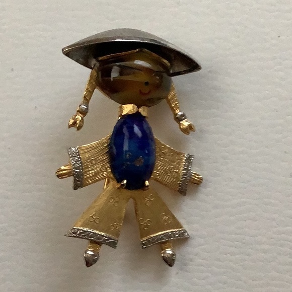 Jewelry - Asian Girl 1970s Faux Tigereye Faux Malachite Pin
